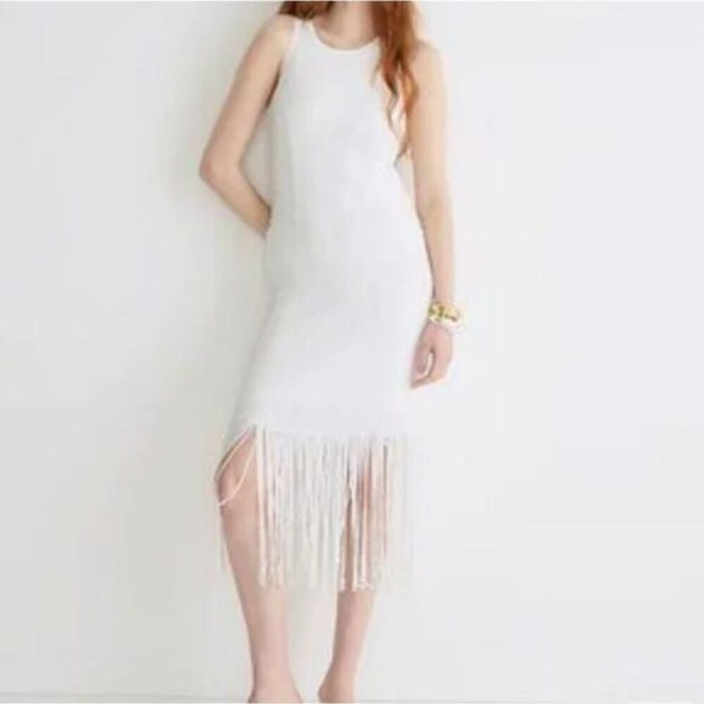 J. Crew White Midi Fringe Dress